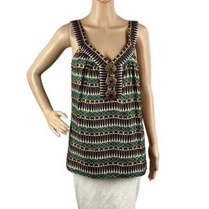 Milly NY Silk Tank Top Size 8 Brown Aqua Print